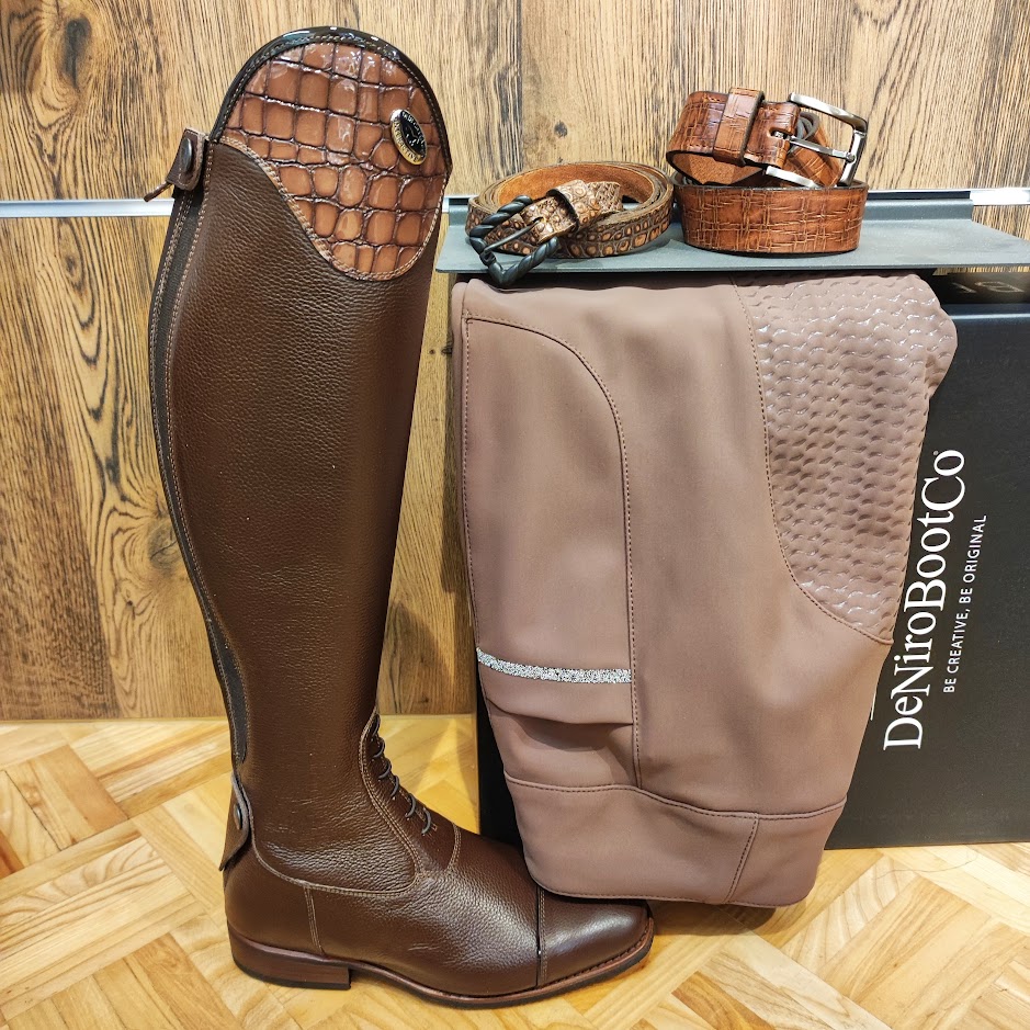 Brauner DeNiro Massstiefel mit Kroko-Lackschaft, dazu passende Gürtel